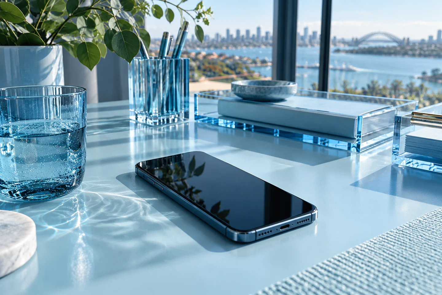 A blank smartphone screen with pale blue desktop organisers
