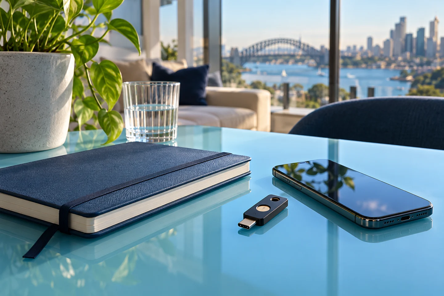 A smartphone notebook and security key on a blue desk