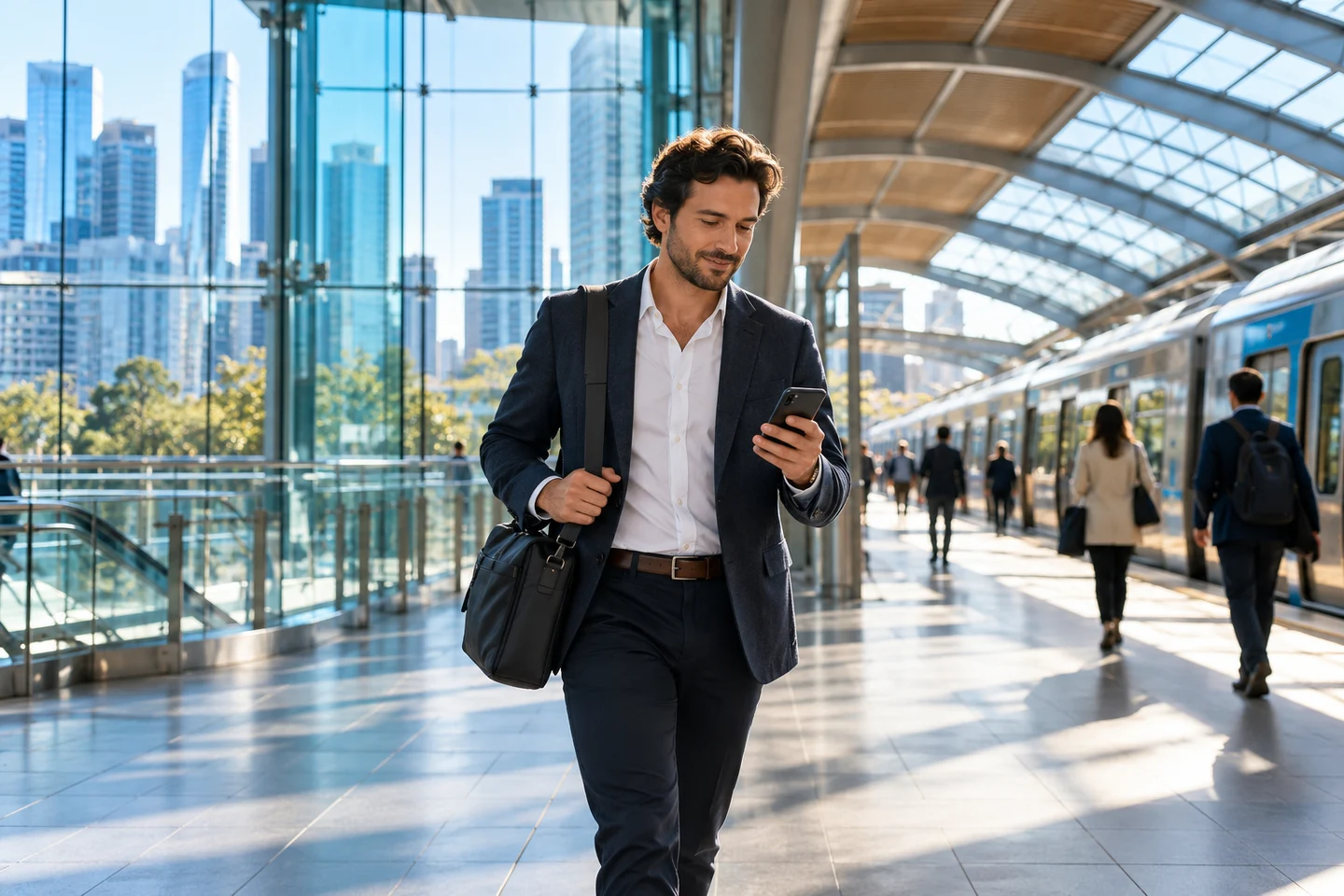 An adult traveller with a phone and laptop bag in a sunlit station